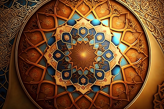 A picture of a ceiling with a blue and gold design.