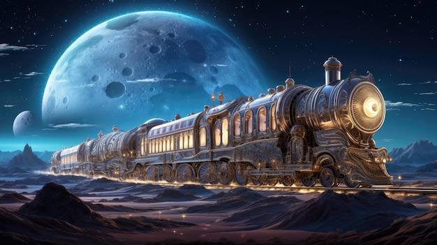 Picture a celestial train on a journey through an otherworldly desert