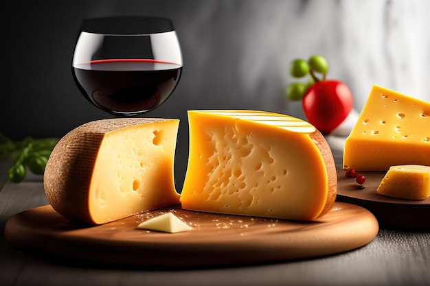 A picture of cheese and wine with a glass of red wine