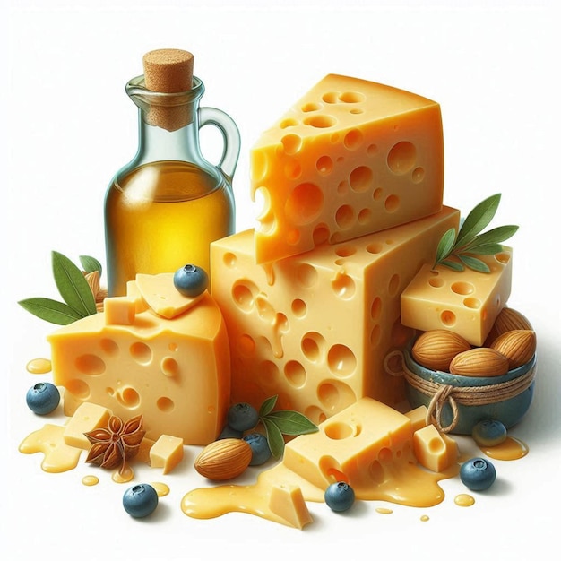 a picture of cheeses and a bottle of olive oil