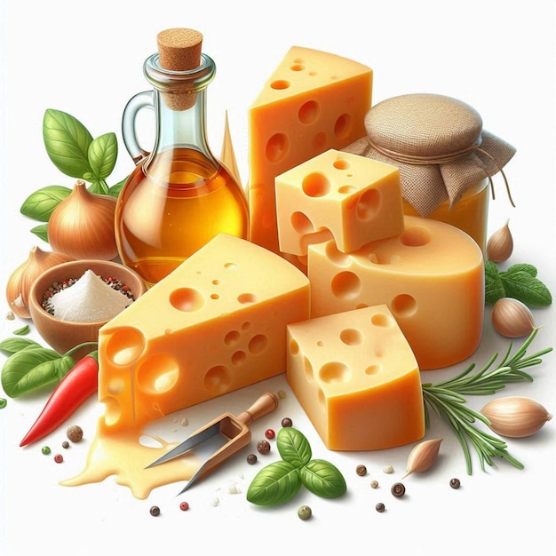 a picture of cheeses and a bottle of olive oil