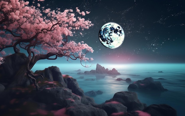 A picture of a cherry blossom tree with the moon in the background