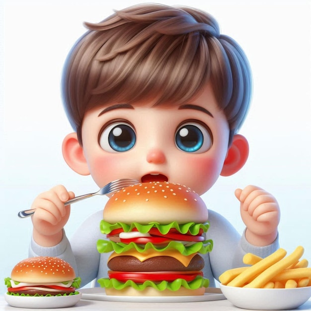 Photo a picture of a child eating a hamburger and fries