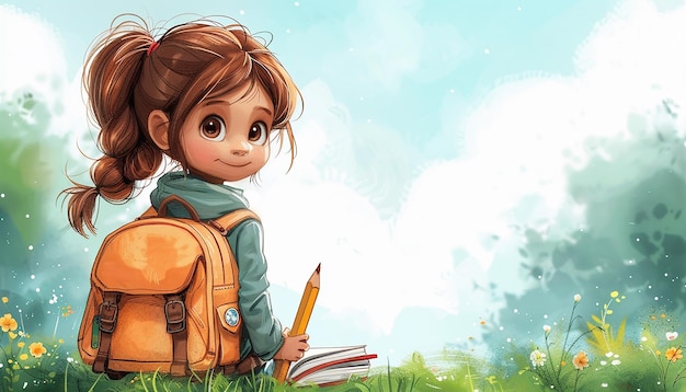 A Picture of a Child with a Large School Bag and Pencil