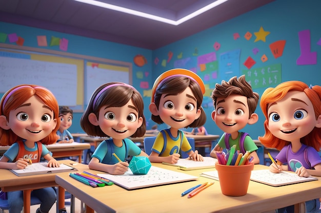 a picture of children in a classroom with a cartoon character on the wall