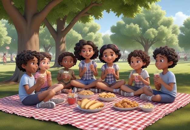 a picture of children eating food on a picnic blanket