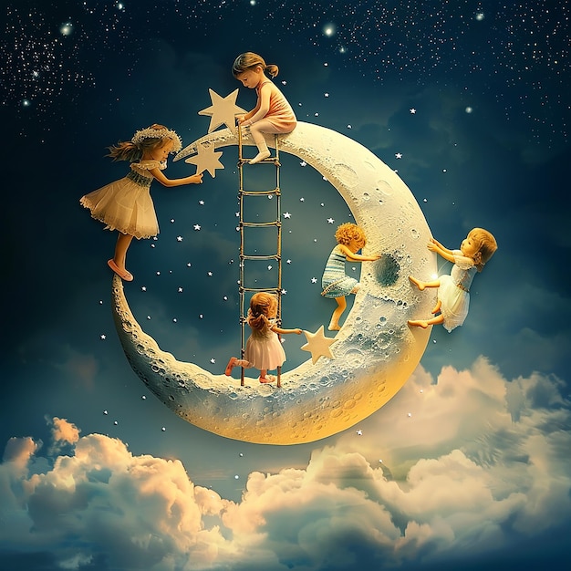 a picture of children playing on a moon with a ladder