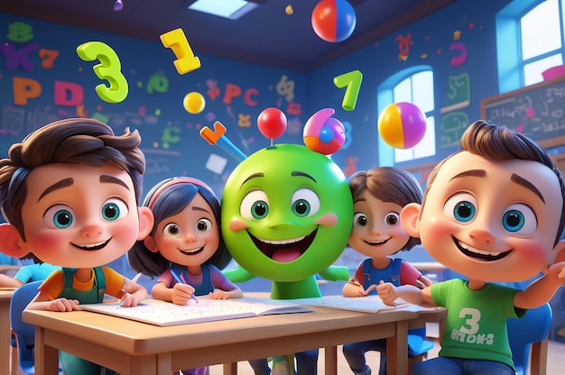 a picture of children with a green alien figure and the number 3 on it