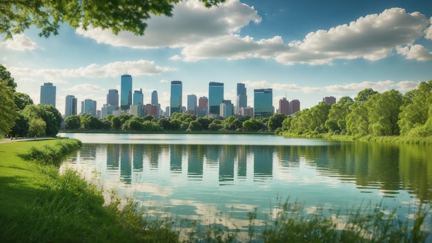 Photo a picture of a city skyline with a lake and trees