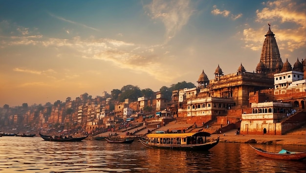 a picture of a city with a boat and a building in the background