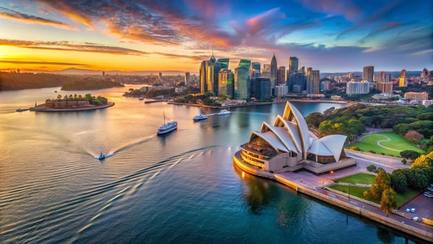 a picture of a city with a boat and a city in the background