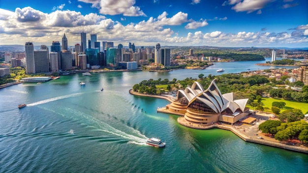 a picture of a city with a boat and a city in the background