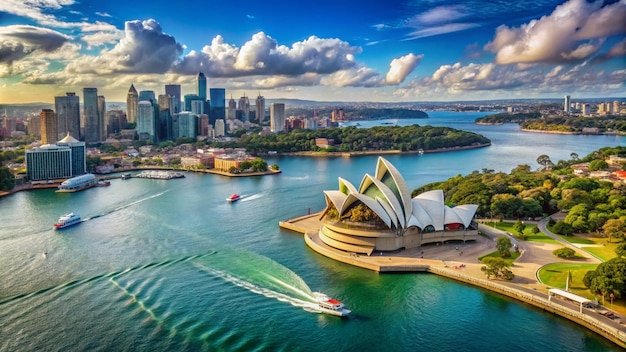 a picture of a city with a boat and the city in the background