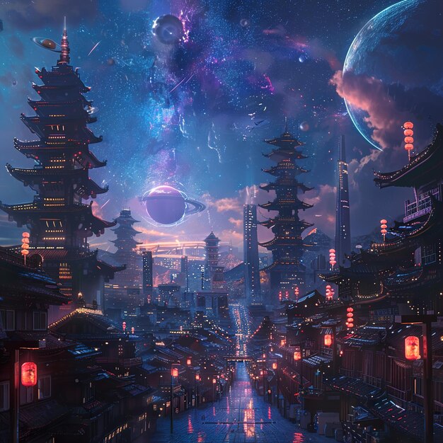 a picture of a city with chinese lanterns and chinese lanterns