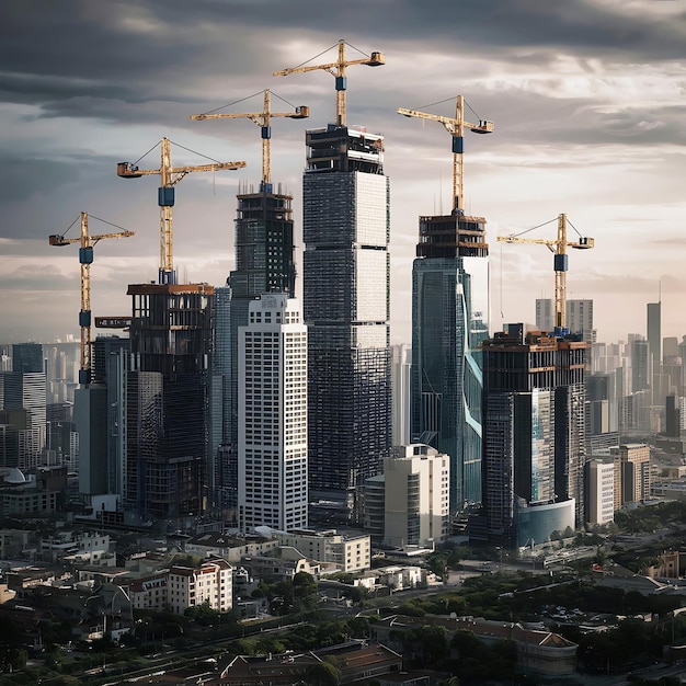 a picture of a city with cranes and buildings in the background