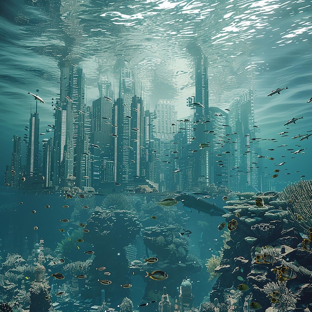 a picture of a city with a large number of fish in it