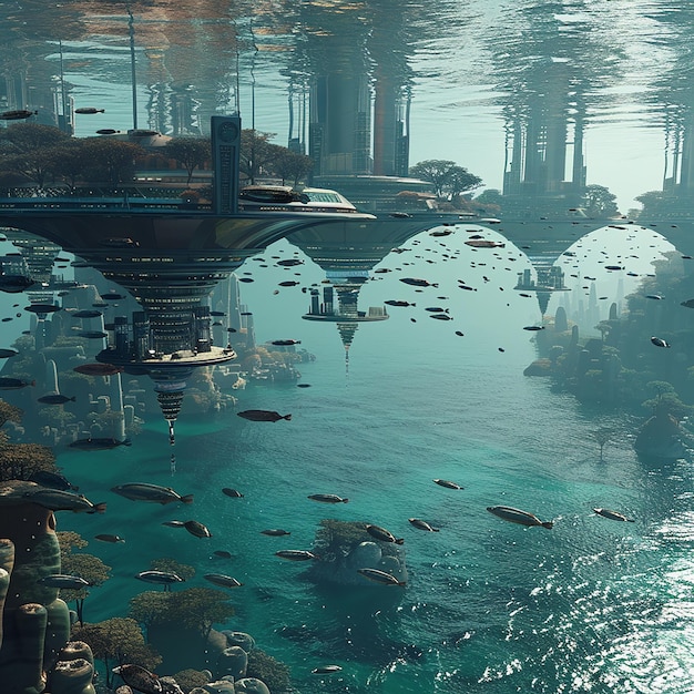 a picture of a city with a large number of fish in it