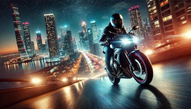 a picture of a city with a man on a motorcycle