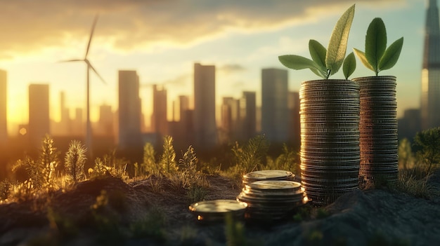 Photo a picture of a city with a stack of coins and a plant growing on it