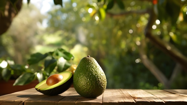 A picture of a close up of an avocado on a table with a background of a verdant avocado garden