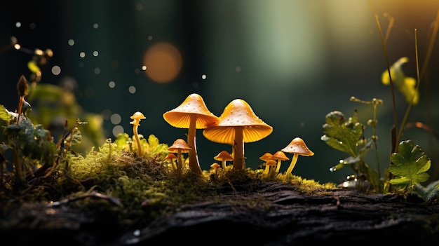 a picture close up of some plants sitting on moss in the style of dark yellow and light gold mystical fantasy mushroom core