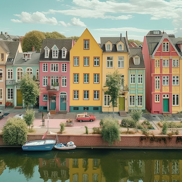 a picture of a colorful row of houses with a boat in the water