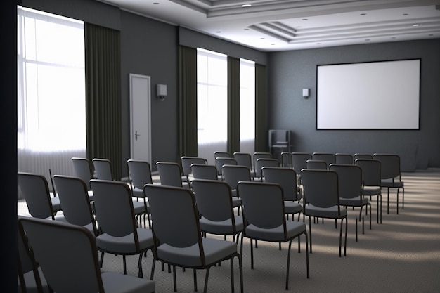 A picture of a conference room with chairs