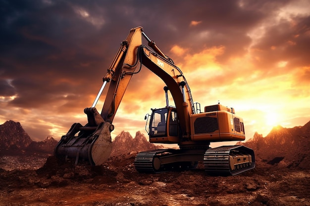 A picture of a construction machine with a sunset in the background