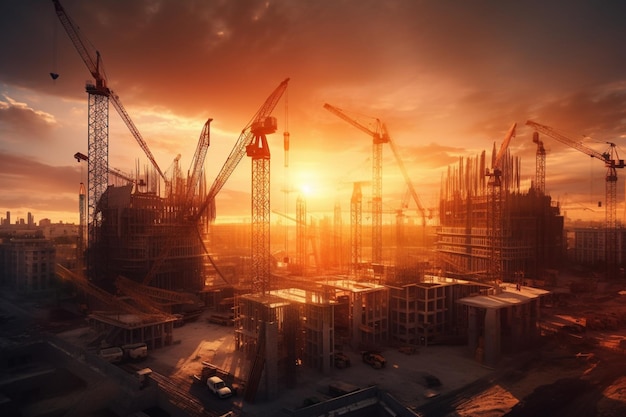 A picture of a construction site with a sunset and cranes in the background.