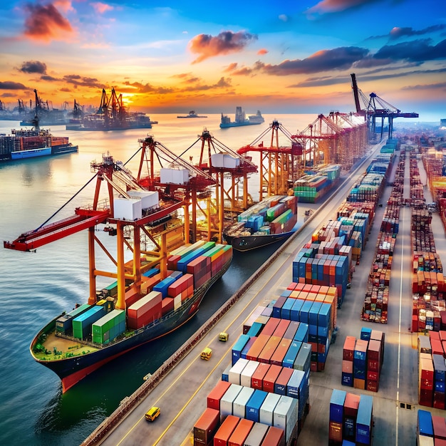 a picture of a container ship and a ship with a city in the background