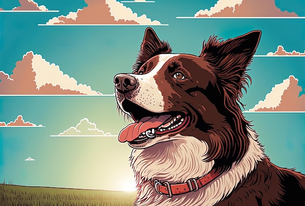 Picture of a contented brown border collie dog enjoying the summertime against a sky background