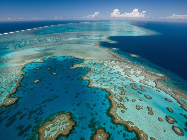 a picture of a coral reef with a blue ocean and a few small islands in the background