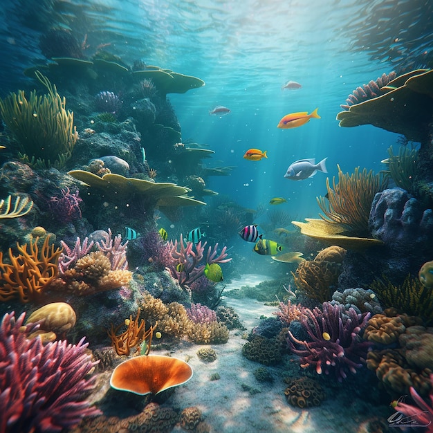 A picture of a coral reef with fish and a fish swimming in it.