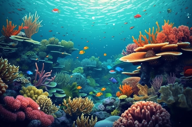 A picture of a coral reef with a fish swimming in it.