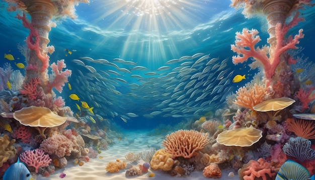 a picture of a coral reef with the sun shining through it