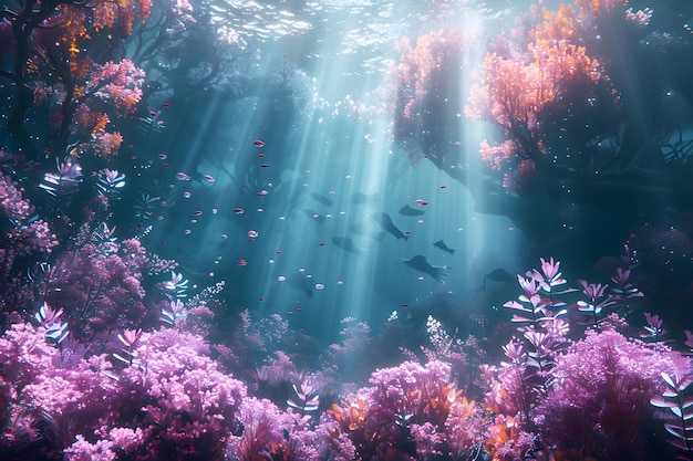 a picture of a coral reef with the sun shining through the water