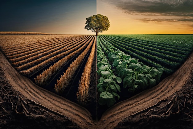 A picture of a corn field with a tree in the middle and a field of green beans.