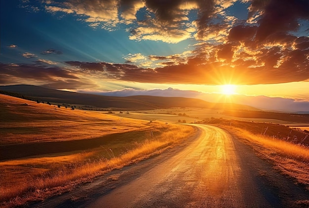 a picture of a country road with the sun setting behind