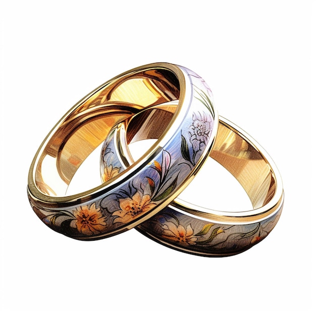 A picture of a couple of gold rings with flowers on them.