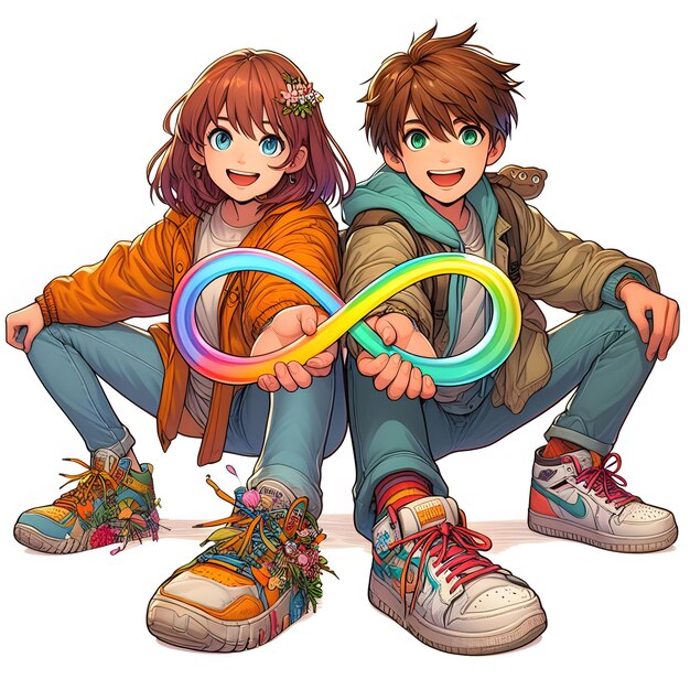 a picture of a couple sitting next to each other with the infinity colored ring in their hands