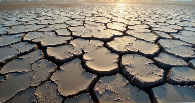 a picture of a cracked landscape with the sun setting behind it