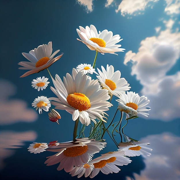 A picture of daisies and the sky is blue and the reflection is blue.