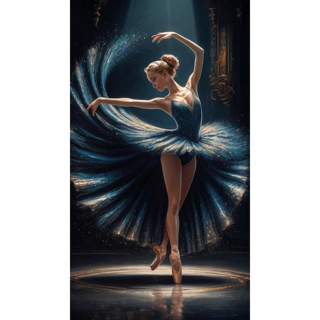 a picture of a dancer with a blue background with a blue peacock on the bottom