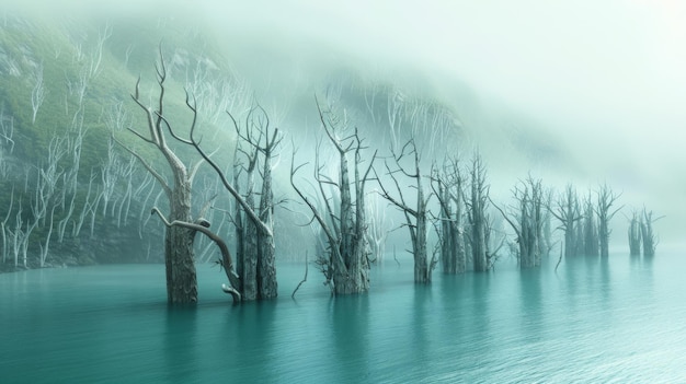 a picture of dead trees in the water with fog in the background