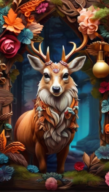 a picture of a deer with antlers and a flower on it