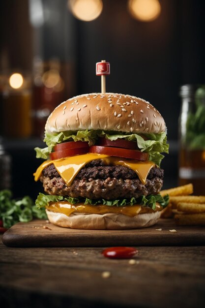 A picture of a delicious beef burger and cheese fries