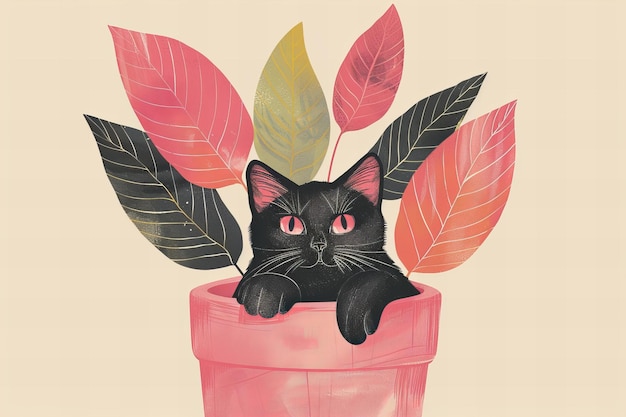 Picture Depicting Illustration of a black cat hiding in a pink potted plant with vibrant leaves