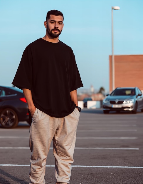 Picture Depicting Man in a black oversized tshirt and sweatpants standing in a car park