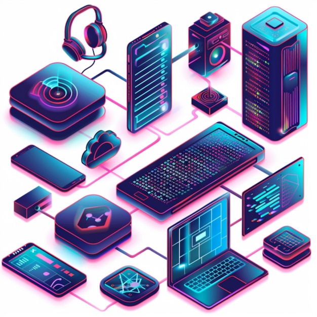 The picture depicts icons symbolizing key aspects of technology a computer a smartphone etc