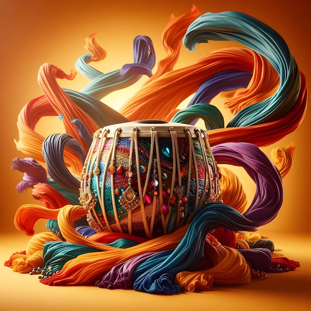 Photo picture description a traditional tabla finely crafted with intricate designs echoing the rhythmi